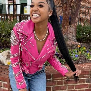 AZALEA WANG ALL PINK SOFI STUDDED MOTO JACKET